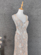 Elegant Blush Pink Lace Gradient Spaghetti Strap V-Neck Train Prom Dresses Evening Dresses