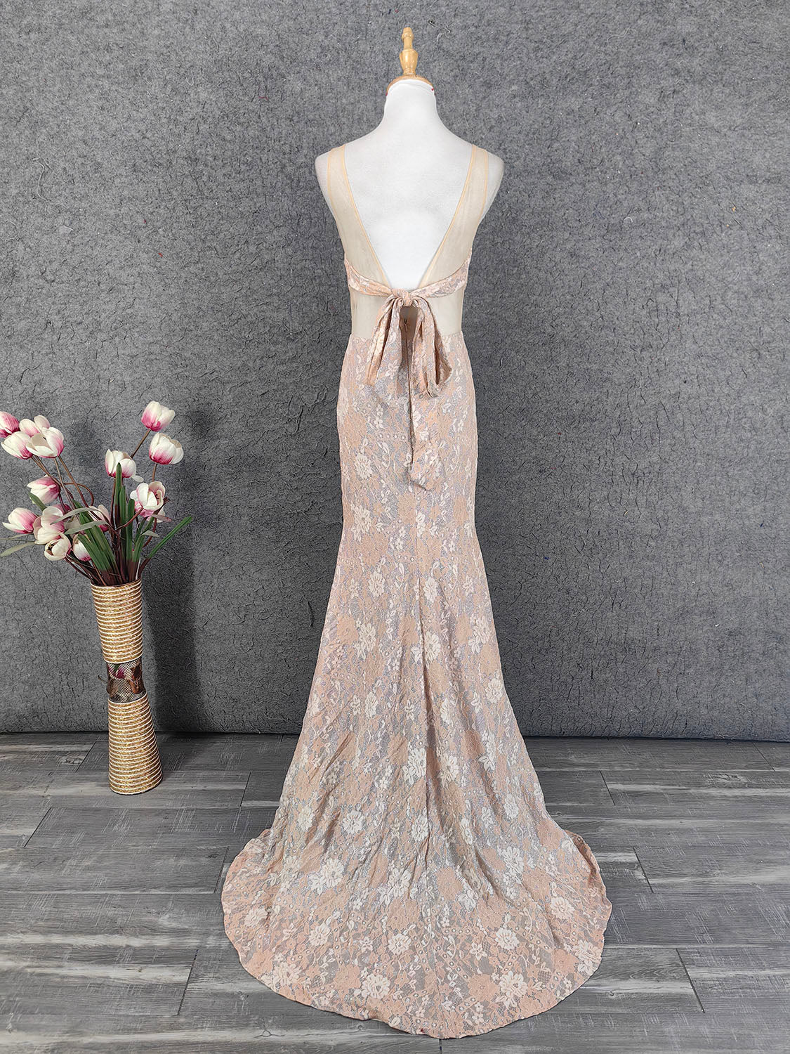 Elegant Blush Pink Lace Gradient Spaghetti Strap V-Neck Train Prom Dresses Evening Dresses
