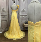 Elegant Bright Yellow A-Line One-Shoulder Ruched Floral-Appliqu¨¦ Chiffon Long Prom Dresses Evening Dresses