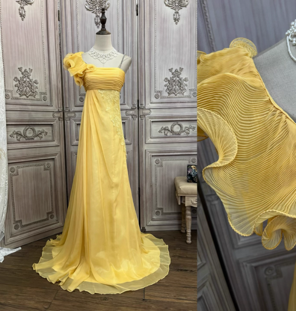 Elegant Bright Yellow A-Line One-Shoulder Ruched Floral-Appliqu¨¦ Chiffon Long Prom Dresses Evening Dresses