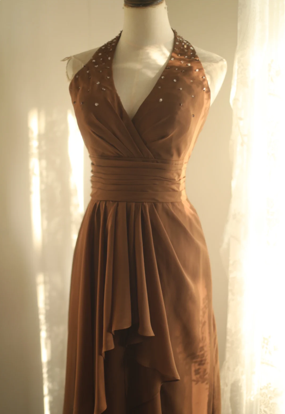 Elegant Brown A-Line Halter Neck Chiffon Long Prom Dresses Evening Dresses