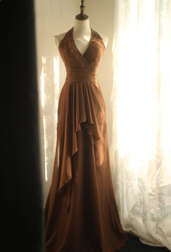 Elegant Brown A-Line Halter Neck Chiffon Long Prom Dresses Evening Dresses