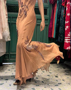 Elegant Brown And Gold Mermaid Halter-Neck Embroidered Beaded Chiffon Long Prom Dresses Evening Dresses