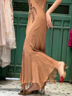 Elegant Brown And Gold Mermaid Halter-Neck Embroidered Beaded Chiffon Long Prom Dresses Evening Dresses