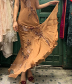 Elegant Brown And Gold Mermaid Halter-Neck Embroidered Beaded Chiffon Long Prom Dresses Evening Dresses