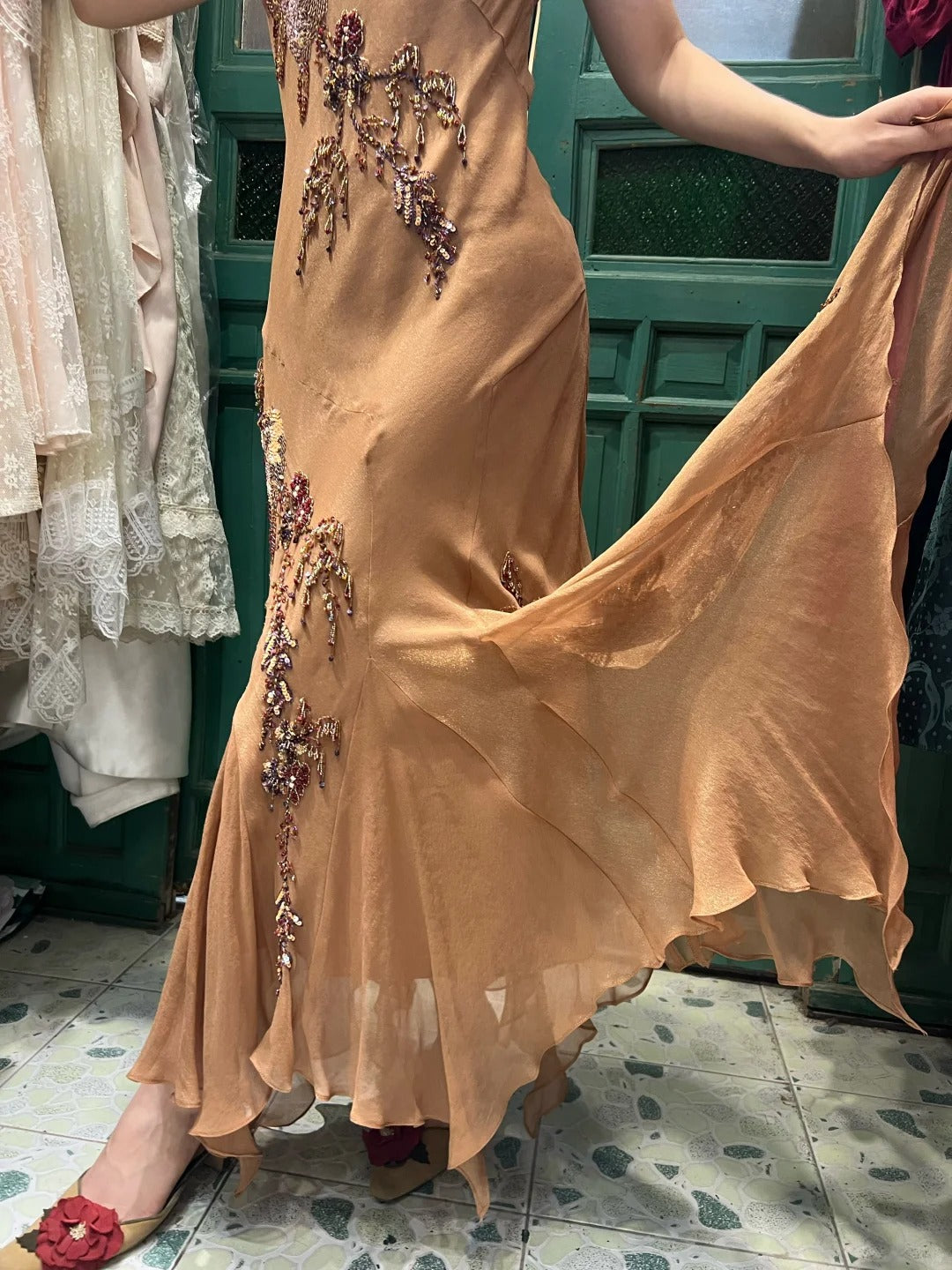 Elegant Brown And Gold Mermaid Halter-Neck Embroidered Beaded Chiffon Long Prom Dresses Evening Dresses