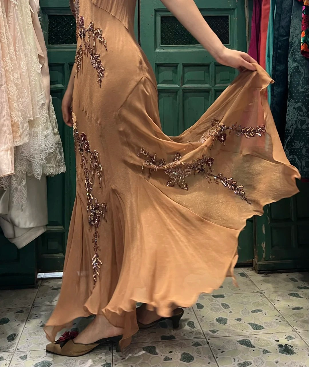 Elegant Brown And Gold Mermaid Halter-Neck Embroidered Beaded Chiffon Long Prom Dresses Evening Dresses