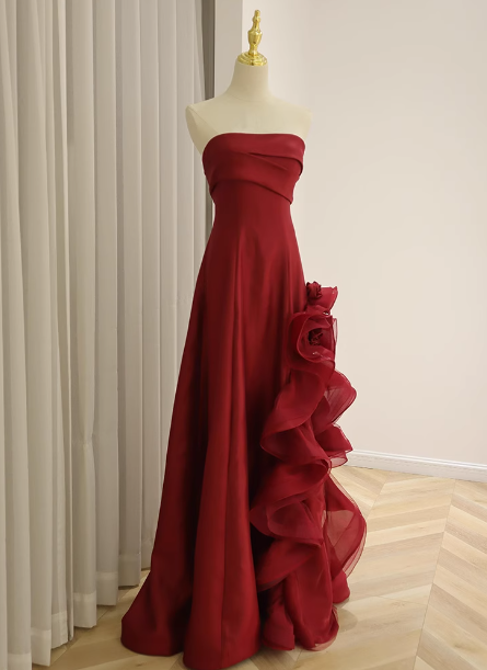 Elegant Burgundy 3D Floral Embellished Strapless Satin Long Prom Dresses Evening Dresses Secondary image