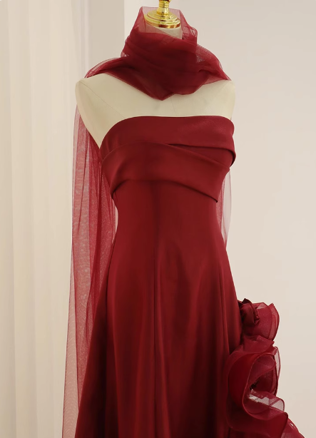 Elegant Burgundy 3D Floral Embellished Strapless Satin Long Prom Dresses Evening Dresses