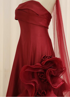 Elegant Burgundy 3D Floral Embellished Strapless Satin Long Prom Dresses Evening Dresses