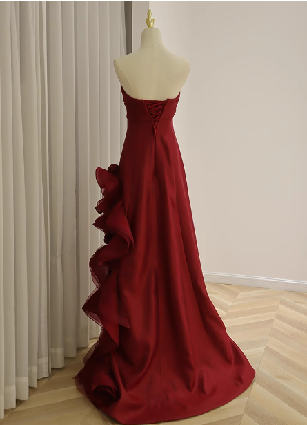Elegant Burgundy 3D Floral Embellished Strapless Satin Long Prom Dresses Evening Dresses