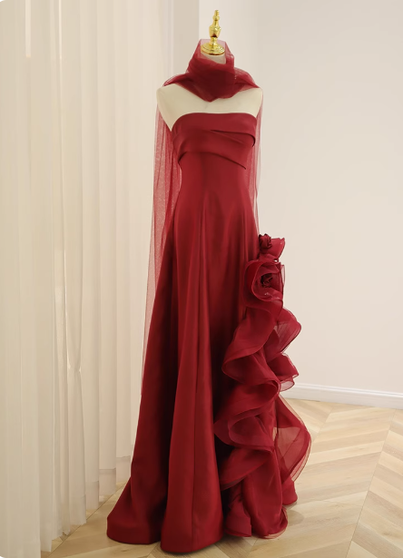 Elegant Burgundy 3D Floral Embellished Strapless Satin Long Prom Dresses Evening Dresses Main image