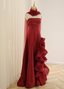 Elegant Burgundy 3D Floral Embellished Strapless Satin Long Prom Dresses Evening Dresses