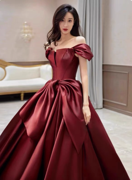 Elegant Burgundy A-Line Off-The-Shoulder Bow Satin Train Prom Dresses Evening Dresses