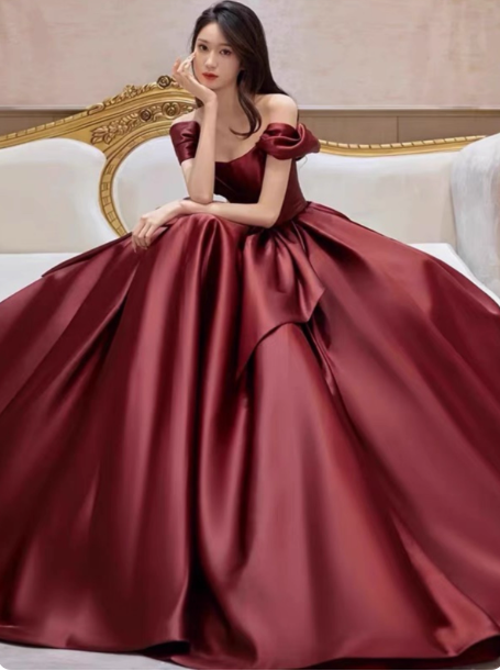 Elegant Burgundy A-Line Off-The-Shoulder Bow Satin Train Prom Dresses Evening Dresses