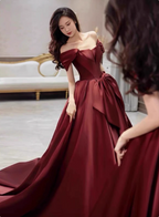 Elegant Burgundy A-Line Off-The-Shoulder Bow Satin Train Prom Dresses Evening Dresses
