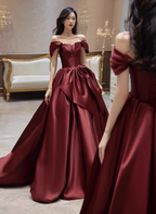 Elegant Burgundy A-Line Off-The-Shoulder Bow Satin Train Prom Dresses Evening Dresses