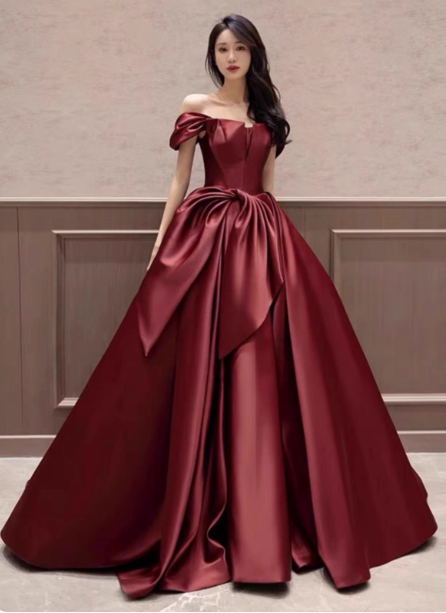 Elegant Burgundy A-Line Off-The-Shoulder Bow Satin Train Prom Dresses Evening Dresses Main image
