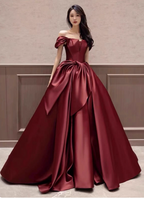 Elegant Burgundy A-Line Off-The-Shoulder Bow Satin Train Prom Dresses Evening Dresses