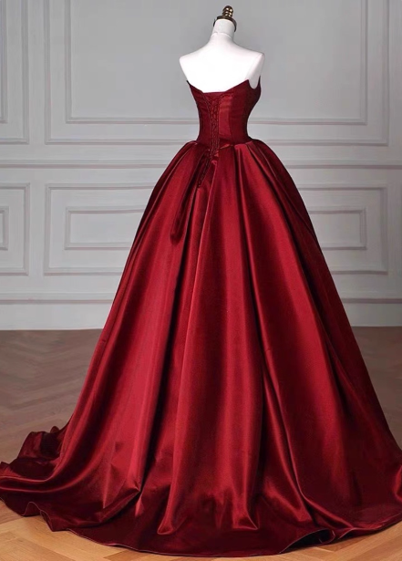 Elegant Burgundy A-Line Strapless Satin Train Prom Dresses Evening Dresses