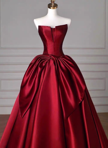 Elegant Burgundy A-Line Strapless Satin Train Prom Dresses Evening Dresses