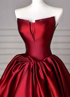 Elegant Burgundy A-Line Strapless Satin Train Prom Dresses Evening Dresses