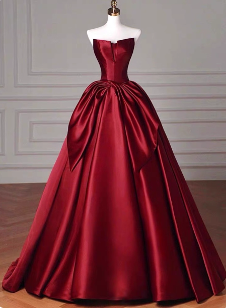 Elegant Burgundy A-Line Strapless Satin Train Prom Dresses Evening Dresses Main image
