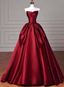 Elegant Burgundy A-Line Strapless Satin Train Prom Dresses Evening Dresses