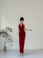 Elegant Burgundy Fitted Halter Neck Deep V-Neck Satin Long Prom Evening Dresses