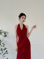 Elegant Burgundy Fitted Halter Neck Deep V-Neck Satin Long Prom Evening Dresses