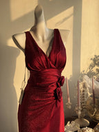 Elegant Burgundy Mermaid Jacquard Satin V-Neck Prom Dress Simple Prom Dresses