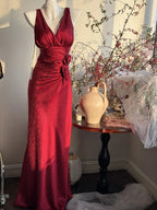 Elegant Burgundy Mermaid Jacquard Satin V-Neck Prom Dress Simple Prom Dresses