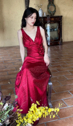 Elegant Burgundy Mermaid Jacquard Satin V-Neck Prom Dress Simple Prom Dresses