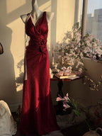 Elegant Burgundy Mermaid Jacquard Satin V-Neck Prom Dress Simple Prom Dresses