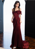 Elegant Burgundy Mermaid Off-The-Shoulder Ruffled Satin Train Prom Dresses Evening Dresses