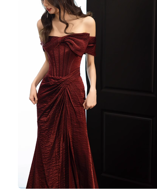 Elegant Burgundy Mermaid Off-The-Shoulder Ruffled Satin Train Prom Dresses Evening Dresses
