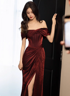 Elegant Burgundy Mermaid Off-The-Shoulder Ruffled Satin Train Prom Dresses Evening Dresses
