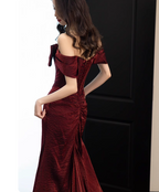 Elegant Burgundy Mermaid Off-The-Shoulder Ruffled Satin Train Prom Dresses Evening Dresses