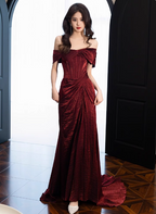 Elegant Burgundy Mermaid Off-The-Shoulder Ruffled Satin Train Prom Dresses Evening Dresses