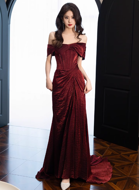Elegant Burgundy Mermaid Off-The-Shoulder Ruffled Satin Train Prom Dresses Evening Dresses