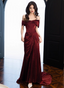 Elegant Burgundy Mermaid Off-The-Shoulder Ruffled Satin Train Prom Dresses Evening Dresses