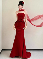 Elegant Burgundy Mermaid Strapless 3D Floral Satin Train Prom Dresses Evening Dresses