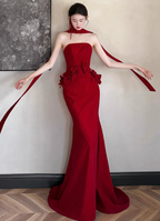 Elegant Burgundy Mermaid Strapless 3D Floral Satin Train Prom Dresses Evening Dresses
