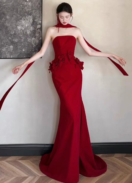 Elegant Burgundy Mermaid Strapless 3D Floral Satin Train Prom Dresses Evening Dresses
