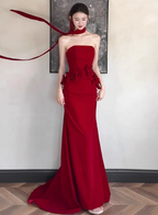 Elegant Burgundy Mermaid Strapless 3D Floral Satin Train Prom Dresses Evening Dresses