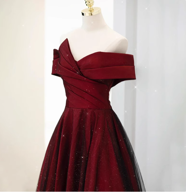 Elegant Burgundy Off-The-Shoulder A-Line Satin Tulle Long Prom Dresses Evening Dresses Secondary image