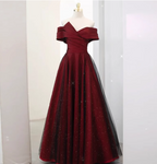 Elegant Burgundy Off-The-Shoulder A-Line Satin Tulle Long Prom Dresses Evening Dresses