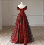 Elegant Burgundy Off-The-Shoulder A-Line Satin Tulle Long Prom Dresses Evening Dresses