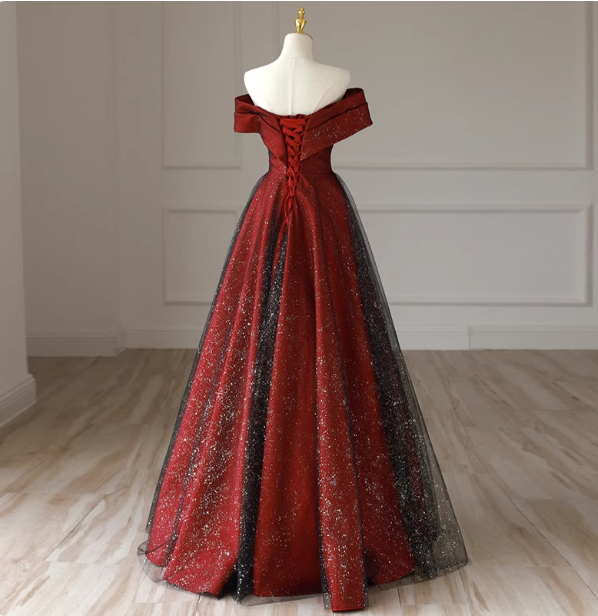 Elegant Burgundy Off-The-Shoulder A-Line Satin Tulle Long Prom Dresses Evening Dresses
