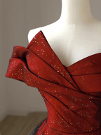 Elegant Burgundy Off-The-Shoulder A-Line Satin Tulle Long Prom Dresses Evening Dresses